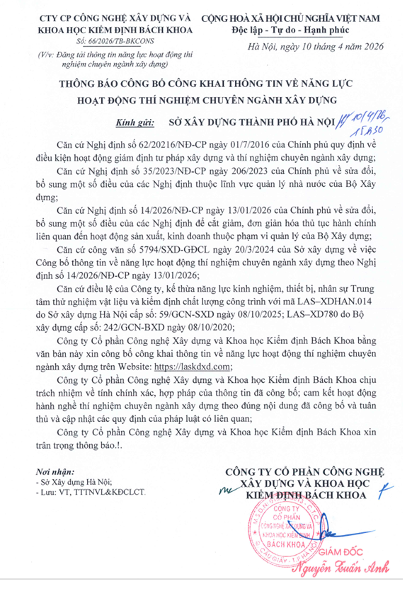 Thông tin năng lực hoạt động thí nghiệm xây dựng